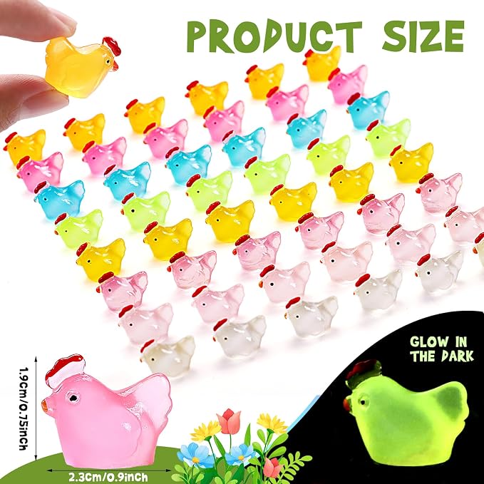 80 Pcs Luminous Mini Chicken, Resin Miniature Animal Figures in 8 Colors - Glow in Dark, Perfect for DIY Projects, Garden, Dollhouse, Aquarium Decor - Glows at Night