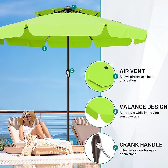 AreShark 12ft 2-Tier Patio Umbrella with Valance - Outdoor Umbrella Waterproof UV Protection, Market Table Umbrella w/ 8 Sturdy Ribs&Crank for Pool, Backyard, Garden(Apple Green)