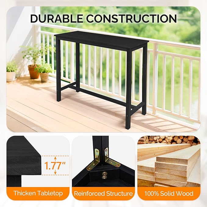 VINGLI Wooden Outdoor Bar Table, Wood Patio Counter Height Table, Weather-Resistant Patio Pub Table for Garden, Balcony, Poolside, Backyard, Indoor Use (Black, 45")