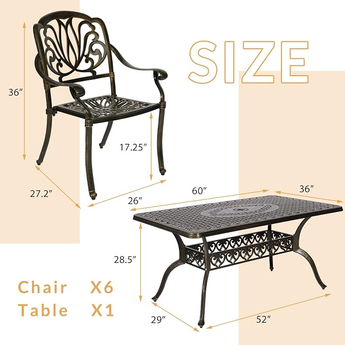 7-Piece Outdoor Patio Dining Set, 60” Rectangular Cast Aluminum Dining Table with Umbrella Hole and 6 Outdoor Dining Chairs, Patio Funiture Set for Backyard, Patio, Garden
