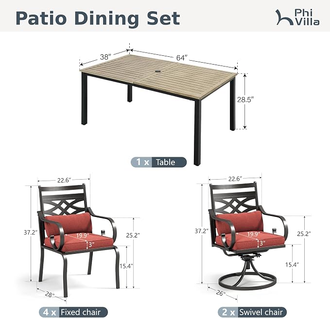 PHI VILLA Patio Dining Set, Swivel Chairs, Metal Table | Metal chairs, Red Cushion, Umbrella Hole, Cushions, E-coated