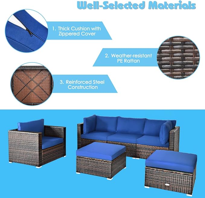 HAPPYGRILL 6-Pieces Patio Conversation Set Outdoor Rattan Wicker Furniture Set, Sectional Sofa Set with Glass Coffee Table Top, Ottoman, Cushions for Backyard Couch Garden Poolside Balcony