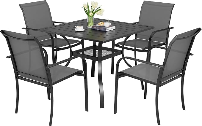 5-Piece Patio Dining Set,4 Person Outdoor Table and Chairs Set, 4 Metal Dining Chairs and Square Outdoor Table with 1.57" Umbrella Hole,Grey