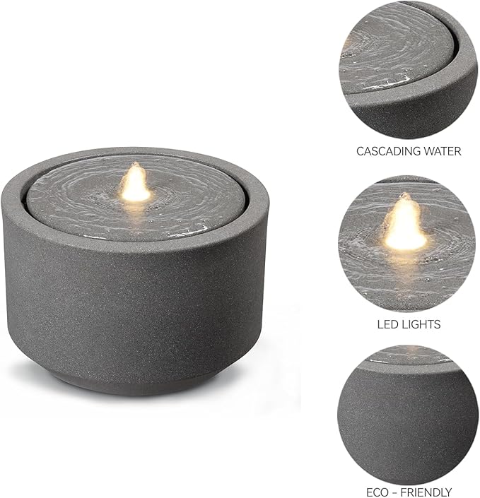 10.23” H Outdoor Water Fountain Made with Eco-Friendly Recyclable Materials, Polyethylene Round Bubbler Water Fountain Outdoor, Garden Decor with LED Light for Patio, Porch, Backyard