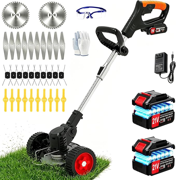Electric Weed Wacker Cordless Eater, 21V String Trimmer Battery Powered, 3 in 1 Lightweight Grass Trimmer/Brush Cutter/Edge, 4 Types Blade, Weed Trimmer with Wheels for Lawn Yard Garden