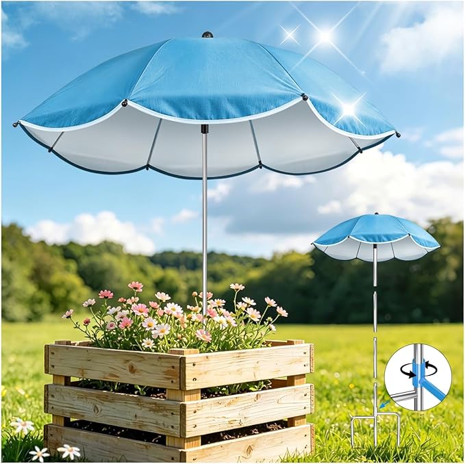 1Pack Plant Umbrellas for Outdoor Plants, Upgraded 360° Rotating 3-Prong Ground Stake for Stronger Grip, Stable Garden Shade Umbrella for Flowers, Vegetables, Fruit Trees, Raised Beds & Planters Blue