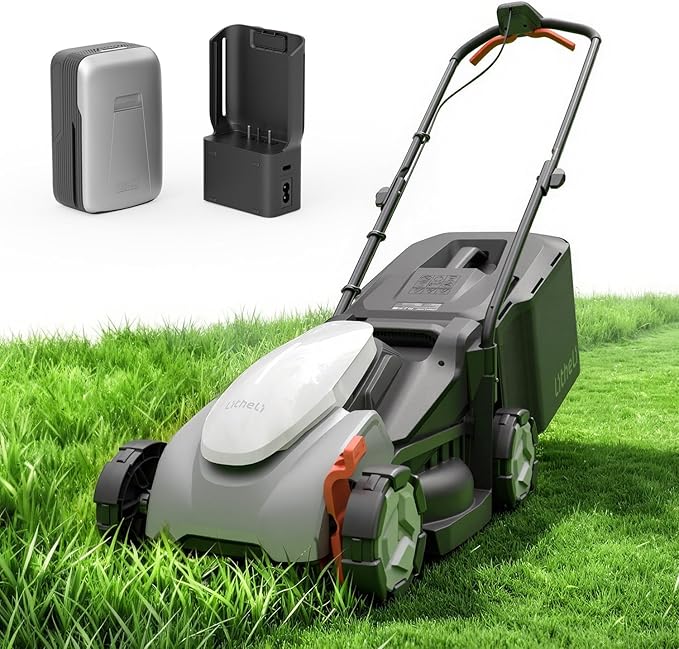 Litheli 14 Inch Cordless Lawn Mower, Brushless Motor Push Mower with Zero Maintenance, 5.0Ah Battery & Charger, Cuts up to 3500 Sq. Ft, 5-Position Height Adjustment (1-2.5 in), Lightweight Design