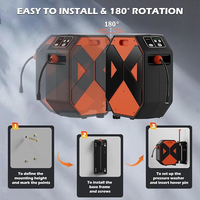 5000PSI Wall Mounted PowerWasher with 4 Quick Connect Nozzles, Foam Cannon for Car, Lane, Patio Cleaning, Orange