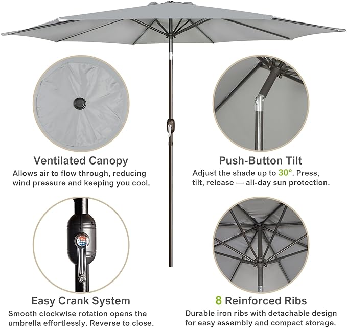 Blissun 10FT Outdoor Patio Umbrella, Outdoor Table Umbrella, Yard Umbrella, Market Umbrella with 8 Sturdy Ribs, Push Button Tilt and Crank