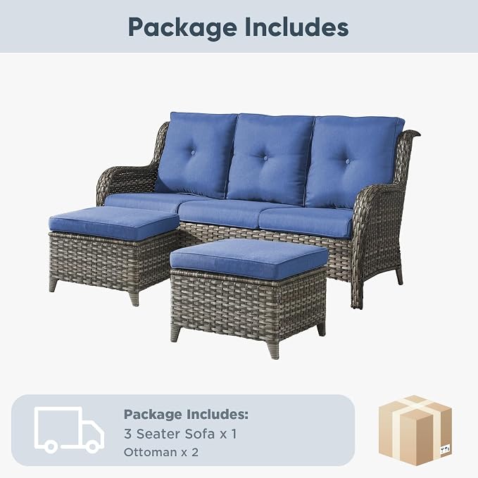Belord 3-Piece PE Wicker Outdoor Sofa with 2 Ottomans, Luxury Patio Couch Convertible to Chaise Lounge, All-Weather High Back Deep Seat Woven Furniture for Deck, Porch - Grey/Blue