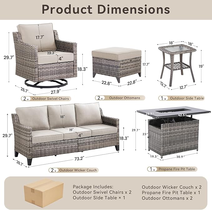 8 Pieces Patio Furniture Set with 42.5" Fire Pit Table-All Weather Wicker Outdoor Furniture with High Back Wicker Patio Chairs Set of 2 Outdoor Couch for Deck Backyard Gray/Beige