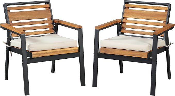 Outdoor 7-Piece Patio Dining Set, Acacia Wood with Iron Frame, All-Weather Rectangle Table and 6 Chairs with Dual-Layer Iron & Wood Seat Frame and Cushions for Backyard Poolside (Beige-5.14G)