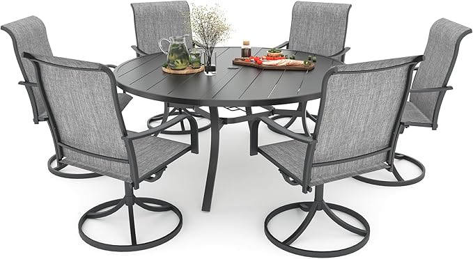 Anmutig Grey Textilene Outdoor Patio Swivel Rocker Chairs with 54" Metal Round Table Dining Set 7 Piece - Style2