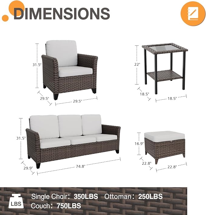 COOS BAY Harbor Retreat 6 Piece Outdoor Furniture Set, Patio Conversation Set with Patio Chairs, 3 Seat Couch, Side Table and Ottomans, Wicker Furniture, Brown/Beige