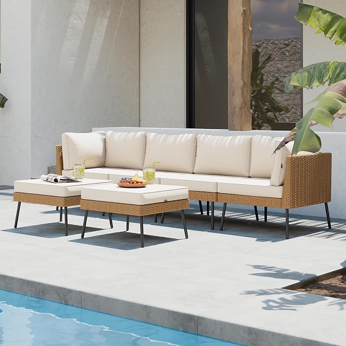 Aoxun 6 Piece Patio Furniture Set, 6 Seats Outdoor Sectional Sofas with Thick Cushion, Wicker Outdoor Patio Furniture Set with Ottomans for Party, Garden, Backyard, Beige