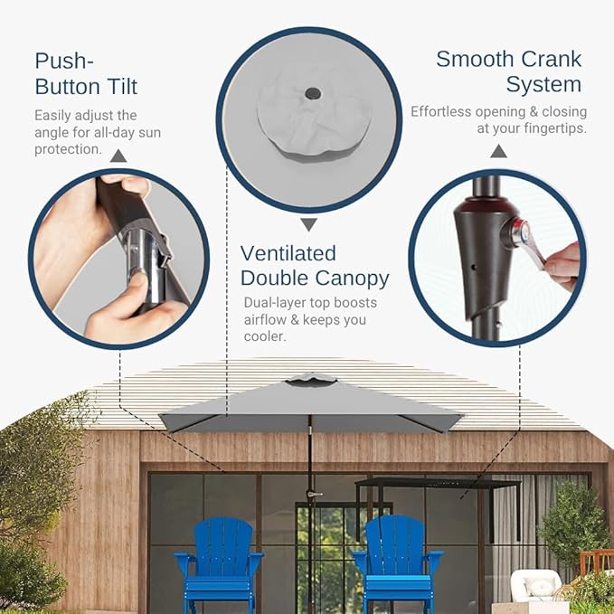6.5' x 10' Rectangular Patio Umbrella Large Outdoor Market Umbrella w/UV Protection, Push Button Tilt and Crank Lift, Rectangle Table Umbrella for Garden, Deck, Pool, Patio, Light Gray