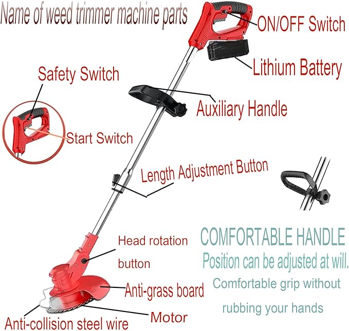 Weed Wacker, Electric Weed Wacker Cordless Trimmer,Grass Trimmer Stingless Lightweight Grass Weedeater Battery Powered 3 Types Blades,2 Batteries, 1 Chargerfor Lawn, Yard, Garden (red)
