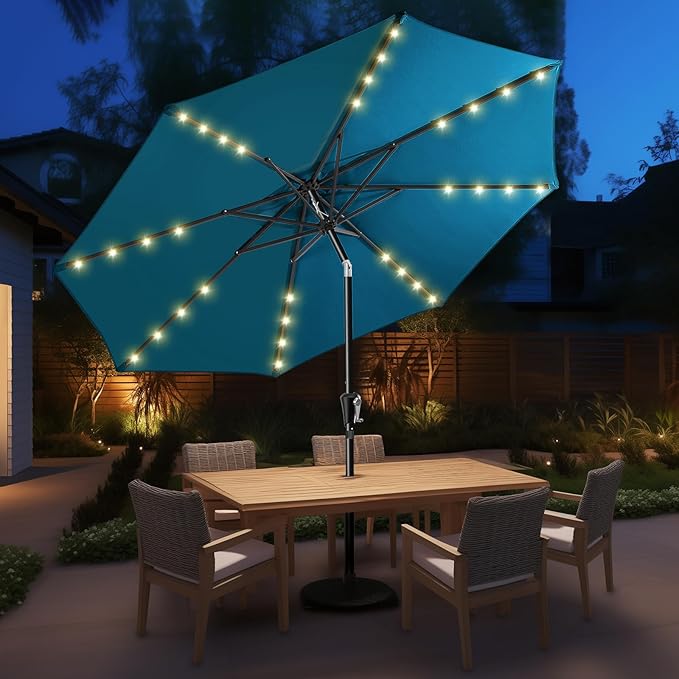 HOMSHADE 9ft Solar Patio Umbrella - Solar Lights LED Lighted Outdoor Market Table Umbrella, UPF50+ UV Protection with Push Button Tilt, Crank for Pool Deck and Garden (Peacock Blue)
