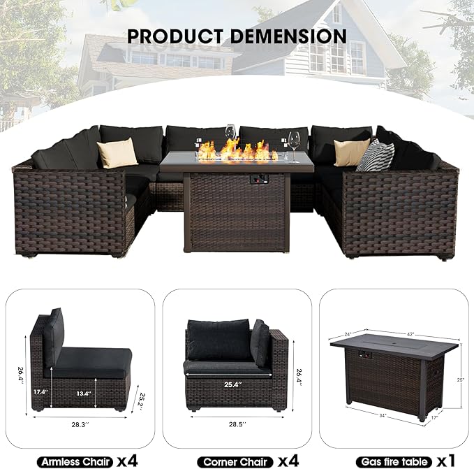 9 Pieces Patio Furniture Set with 44" Fire Pit Table, Rattan Outdoor Sectional Conversation Sets, All Weather Outdoor Furniture Set with Cushions for Garden Lawn Balcony Porch Deck Black