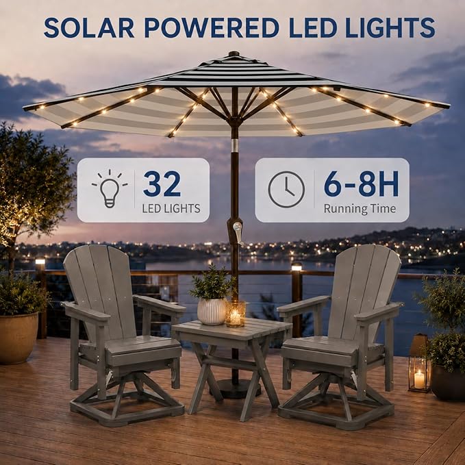 10FT Solar Patio Umbrella with Lights, Outdoor Table Market Umbrella with 32 LED Lights, 8 Sturdy Ribs, Push Button Tilt and Crank for Pool, Deck and Garden, UV-Resistant