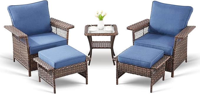 Outdoor Wicker Patio Furniture Set - 5 Piece Rattan Patio Conversation Sets with 2 Armrest Chairs,2 Ottomans and 1 Side Table for Porch Deck Garden(Brown/Blue)