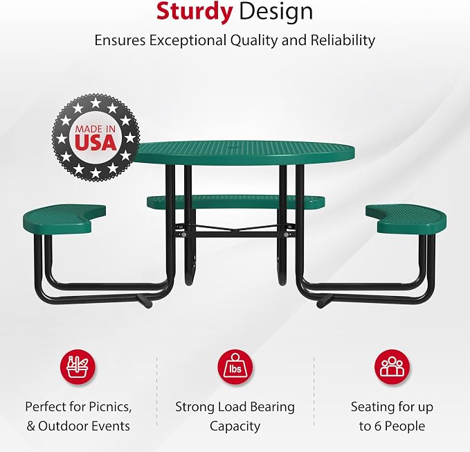 Leisure Craft Metal Picnic Table with Bench - 46" Round Outdoor Dining Table with Umbrella Hole, Heavy Duty Thermoplastic Coating, ADA Compliant, Commercial Grade Furniture Made in USA - Green