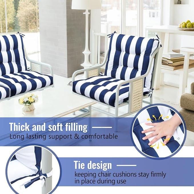 Marsui 4 Pcs Outdoor Indoor High Back Chair Cushions Patio Furniture Tufted Pillow with Ties Water-Resistant Replacement Outdoor Rocking Chair Cushions, 42 x 21 Inches (Blue White Stripes,Stripes)