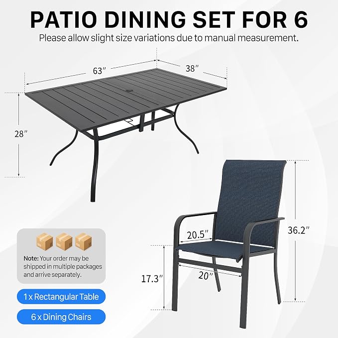 Anmutig 7 Pieces Outdoor Patio Dining Set with Umbrella Hole, 63" Large Rectangle Table with Heavy Duty Steel Frame, Outdoor Furniture Set for Backyard, Deck, Garden