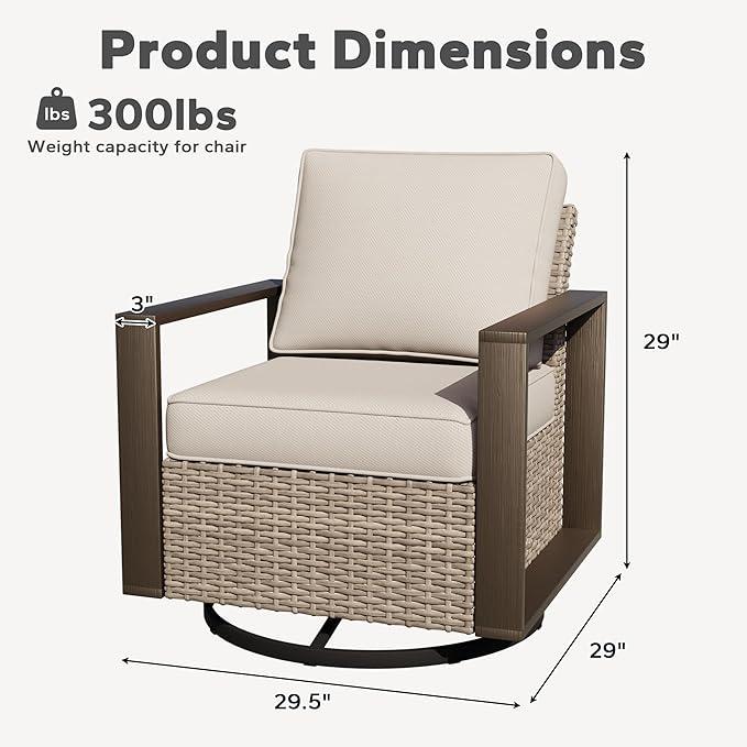 Joyside Outdoor Patio Swivel Rocker Chairs Set, 2 Pieces Wicker Rattan Chairs with Metal Wide Armrest, Thick Cushions and Deep Seating for Garden, Backyard, Porch, Deck