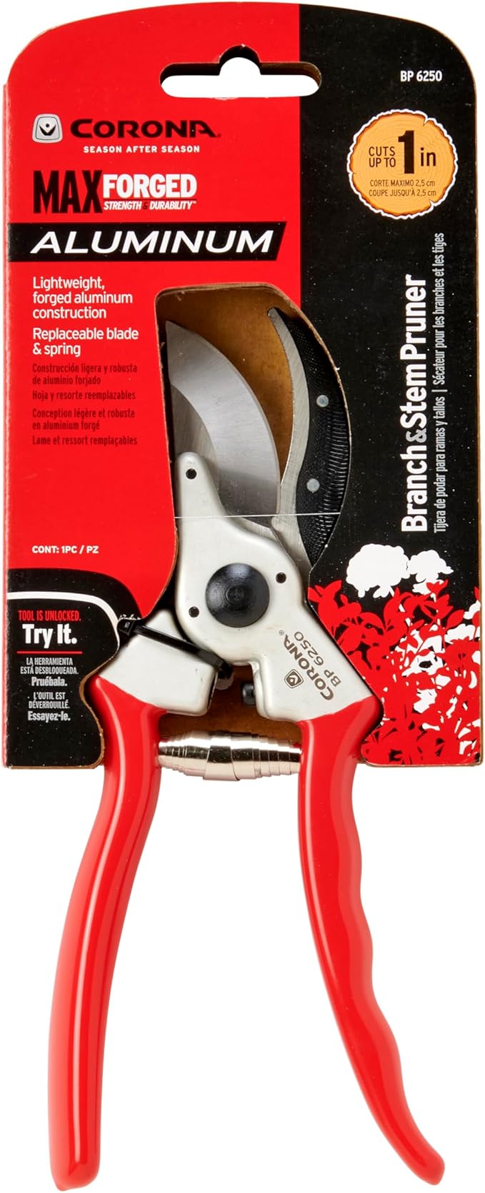 Corona Tools BP 6250 MAXFORGED Aluminum Bypass Pruner, 1-Inch Cut Capacity, Professional Hand Pruning Shears with Replaceable Steel Blade & Non-Slip Comfort Grip