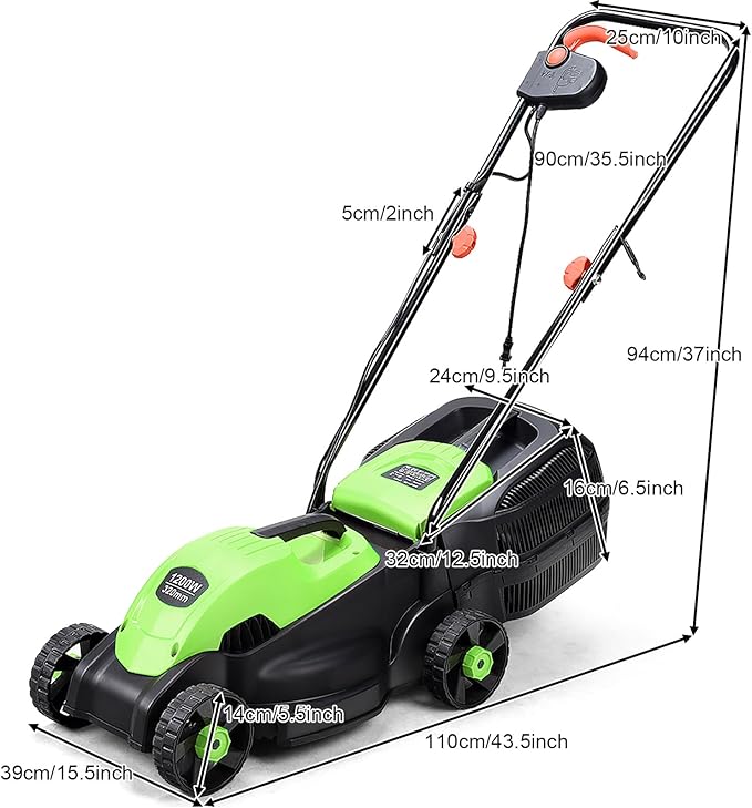 IRONMAX Electric Lawn Mower, 12.5 Amp 1200W Corded Push Mower with 3 Cutting Heights, 30L Grass Collection Bag, Folding Handle, 13" Walk-Behind Lawn Mowers for Yard Garden Farm (Green)