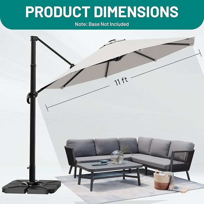 AreShark 11FT Round Cantilever Patio Umbrella with Base Included, 360° Rotation Offset Outdoor Umbrella, 5 Tilt Settings Heavy Duty Hanging Parasol for Deck Garden Pool, Light Grey