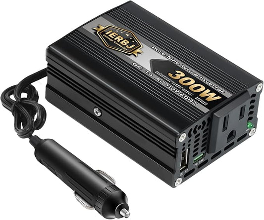 IERBJ 200W Power Inverter, DC 12V to AC 110V, 300W Peak Power, Car Plug Adapter Outlet Converter with USB Charging Ports,Type-C Ports,with Cigarette Lighter Socket for Laptop (Black)