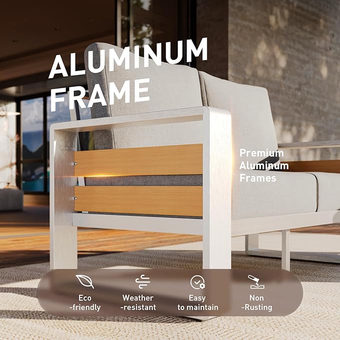 Aoxun Aluminum Patio Furniture Set, 5 Seats Luxury Metal Patio Conversation Sets with Coffee Table, 6'' Thick Cushions and 3-Seat Sofa, Modern Outdoor Furniture Set for Backyard/Poolside, Light Grey