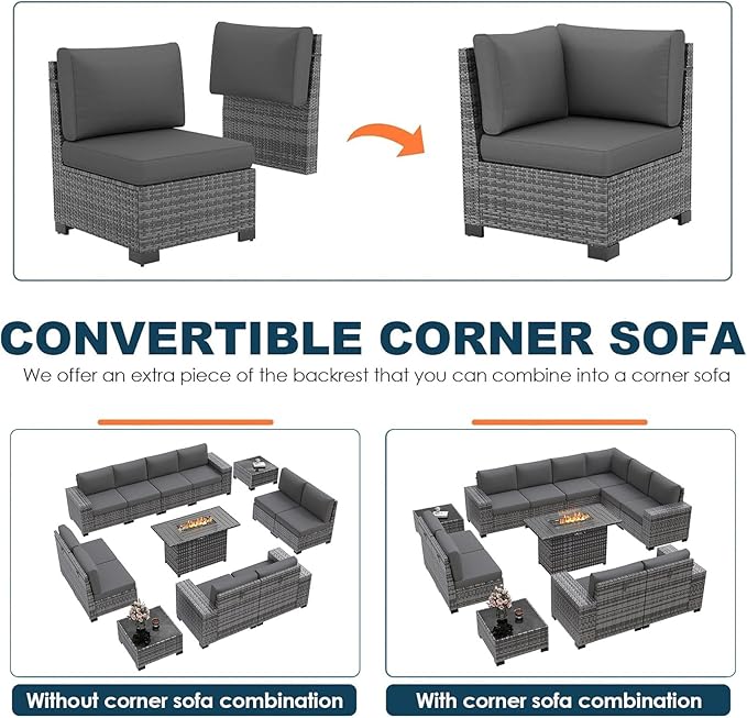 13 Piece Patio Furniture Set with Fire Pit Table, Outdoor Conversation Sets Grey Wicker Rattan Sectional Sofa, 4'' Thickened Cushion Dark Grey
