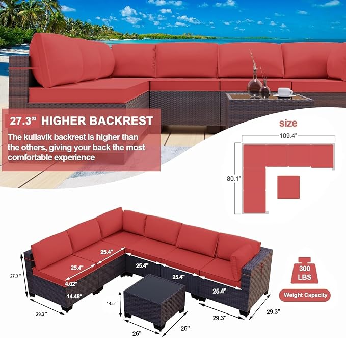 PE Rattan Outdoor Patio Furniture 7 Piece Set with Handwoven Wicker Sofa Sectional, Tempered Glass Coffee Table and 6 Cushions, Backyard Conversation Set for Deck Garden Poolside Lounge