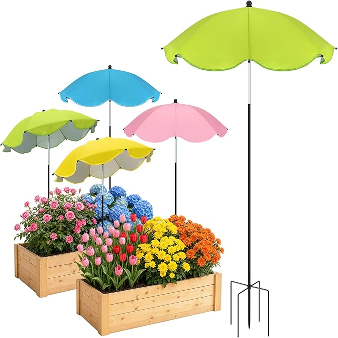Cosweet Plant Umbrellas for Outdoor Plants with Stable 5 Prong Base & Adjustable Angle Height - 26" Larger UV-Resistant Garden Umbrella Shade, Easy Install for Raised Bed Potted Flowers