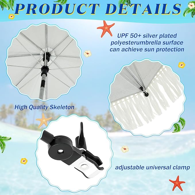 Buryeah 2 Pcs Beach Chair Umbrella Automatic with Universal Adjustable Clamp 44" UPF 50+ Portable Clamp on Beach Chair for Wheelchair Patio Golf Carts Camping