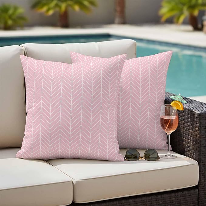 Outdoor Waterproof Throw Pillow Covers Set of 2 Pink Chevron Stripes Pillowcases 26x26 Inches Modern Geometric Texture Decorative Pillows Cushion Case Patio Pillows for Couch Bed Chair Garden