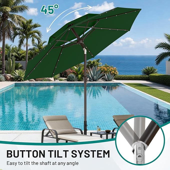 AreShark 9ft 2 Tiers Patio Umbrella with Solar Lights, Outdoor Umbrella w/ 32 LED Lights&8 Sturdy Ribs, Table Umbrella for Deck, Backyard, Pool(Dark Green)