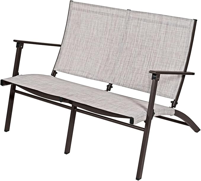 Four Seasons Courtyard Novara 4 Piece Steel Folding Outdoor Patio Furniture Conversation Set with 2 Patio Chairs, 1 Loveseat, and Table, Tan/Espresso
