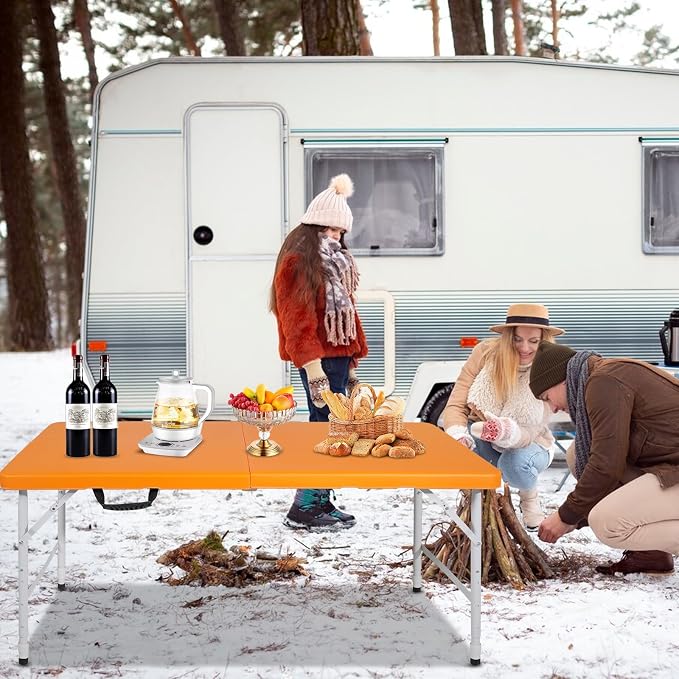 Portable Plastic Folding Table 4ft/6ft/8ft Heavy Duty White-Orange Picnic Dining Table Fold-in-Half for Camp Party Kitchen Indoor Outdoor