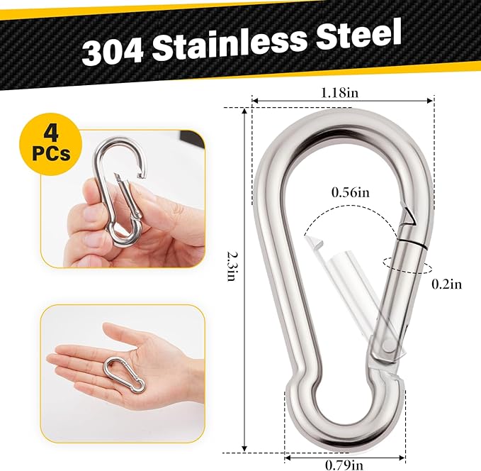 Cyfie 304 Stainless Steel Carabiner Clips Keychain, 4 Packs 2.75 Inch Large Heavy Duty Spring Snap Clip Hooks for Water Bottle, Hammocks, Swing, Camping, Hiking, Outdoors Activities