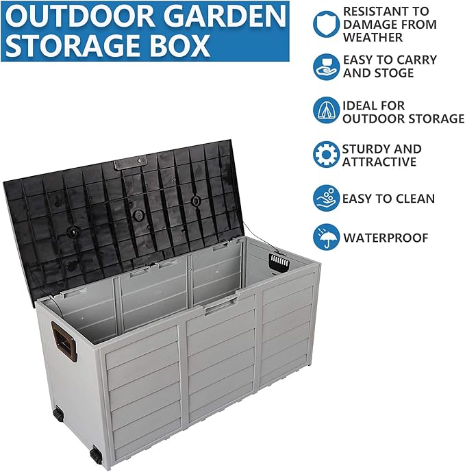 75 Gallon Outdoor Deck Box, Lockable Patio Outdoor Storage Box with Wheels, Waterproof Deck Storage Boxs for Furniture, Garden Tools Poolside and Tools Storage, Black&Grey