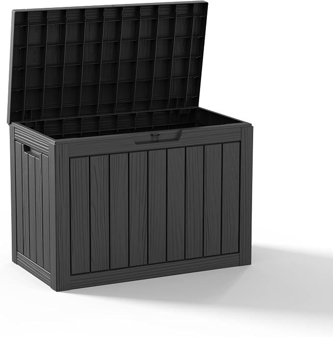 55 Gallon Outdoor Deck Storage Box, Weatherproof Wood Grain Lockable Storage Bin for Patio, Backyard & Poolside Indoor Outdoor Storage (Black,55GAL)