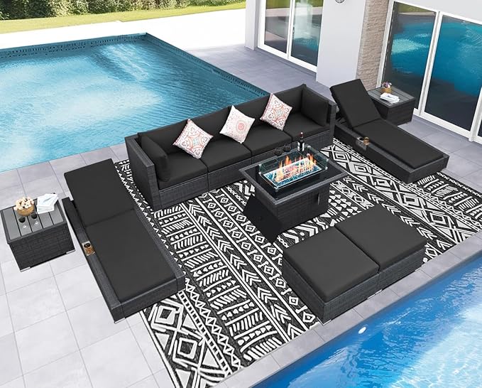 NICESOUL 11 Piece Sectional Outdoor Set with Chaise Lounge, Modern Large Backyard Seating with Firepit, 29.3'' High-Back Deep Patio Couch Sofa, Heavy Duty All-Weather Wicker Furniture for Deck, Grey