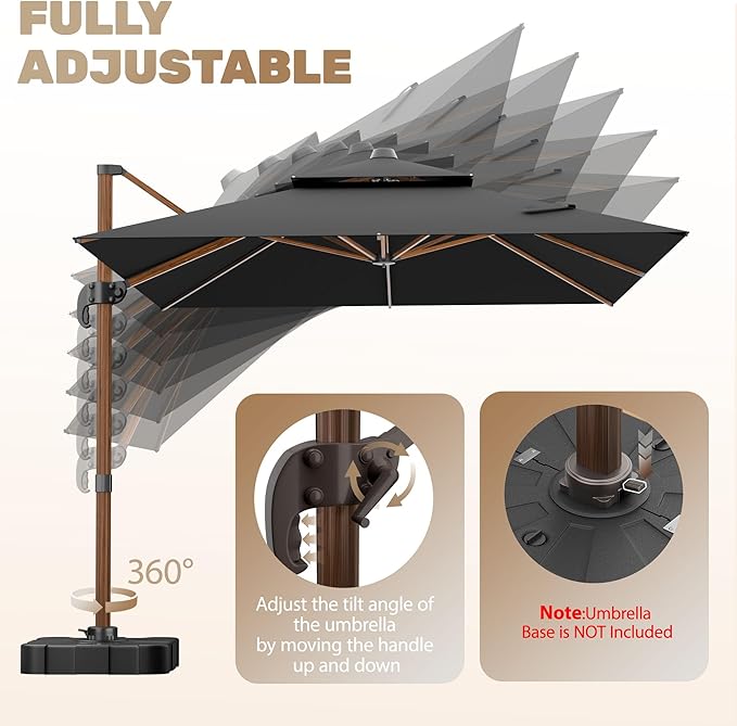 10x13FT Cantilever Outdoor Patio Umbrellas with Base, Double Top Wood Pattern Rectangle Umbrella, Heavy Duty 360°Rotation Offset Umbrella for Garden Deck Pool Patio, Black