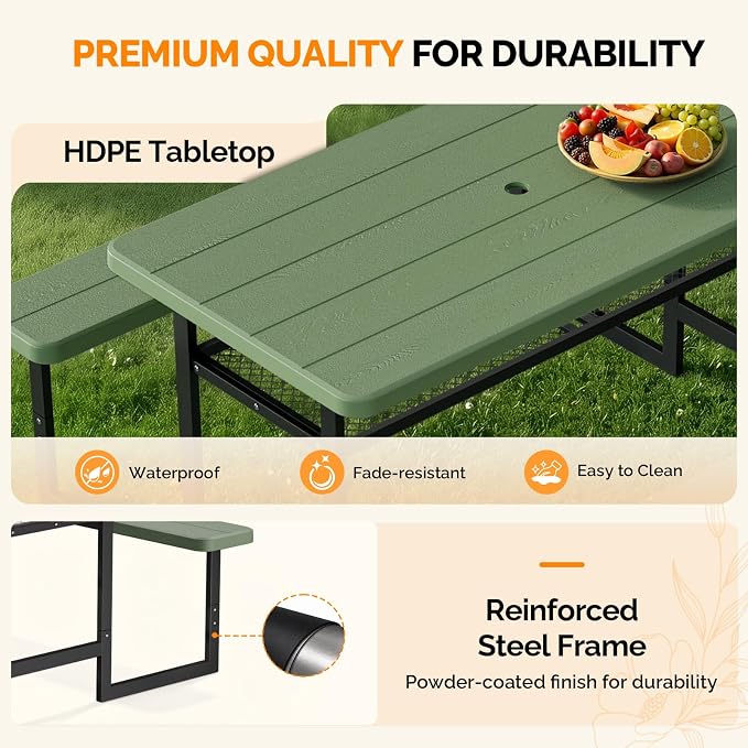 VINGLI Outdoor Picnic Table with Storage Shelf & Umbrella Hole, 4.5FT All Weather Metal Frame HDPE Tabletop Plastic Picnic Table for Dining Party Garden(Green)