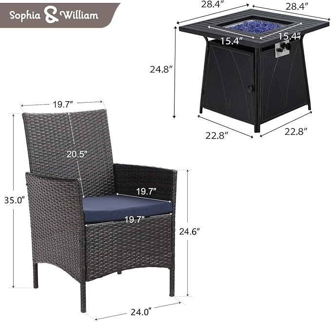 Sophia & William Patio 5 Pieces Dining Set with 1 Square Gas Fire Pit Table and 4 PE Rattan Chairs, Modern 2 in 1 50000 BTU Outdoor Propane Firepits Table Auto-ignition Black 28.4"L x 28.4"Wx 24.8"H