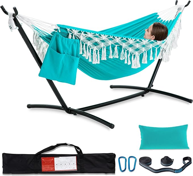 PNAEUT Handmade Tassel Hammocks, Double Hammock with Stand for Outside Indoor Outdoor, Max 450 lbs Capacity, Tree Straps & Carabiners & Pillow & Storage Bag and Portable Carrying Bag Included (Aqua)